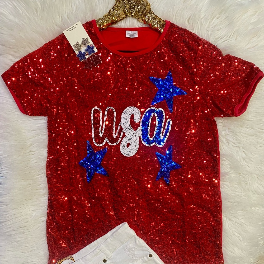 BRAND NEW WITH TAGS Red USA Sequin Tee – Sparkle with Patriotic Pride